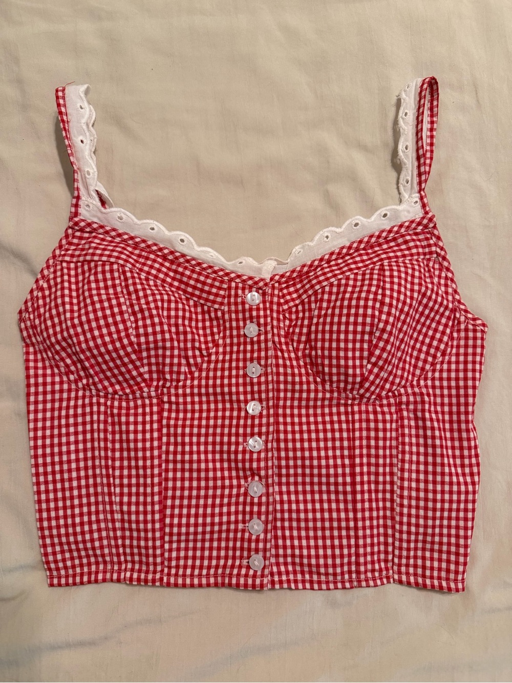 Red Gingham Button-Front Crop Top with White Eyelet Trim